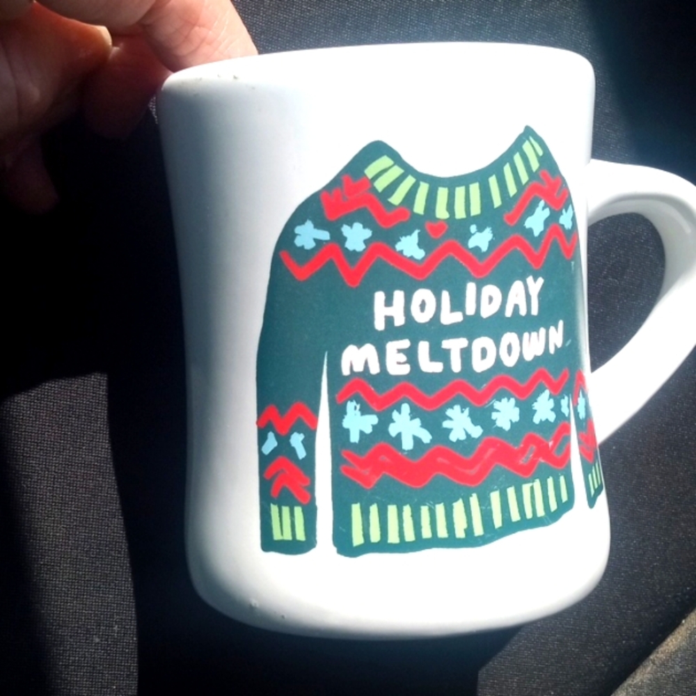 Holiday Meltdown Sweater Mug Diner Style White, Colorful Sweater 8 oz.